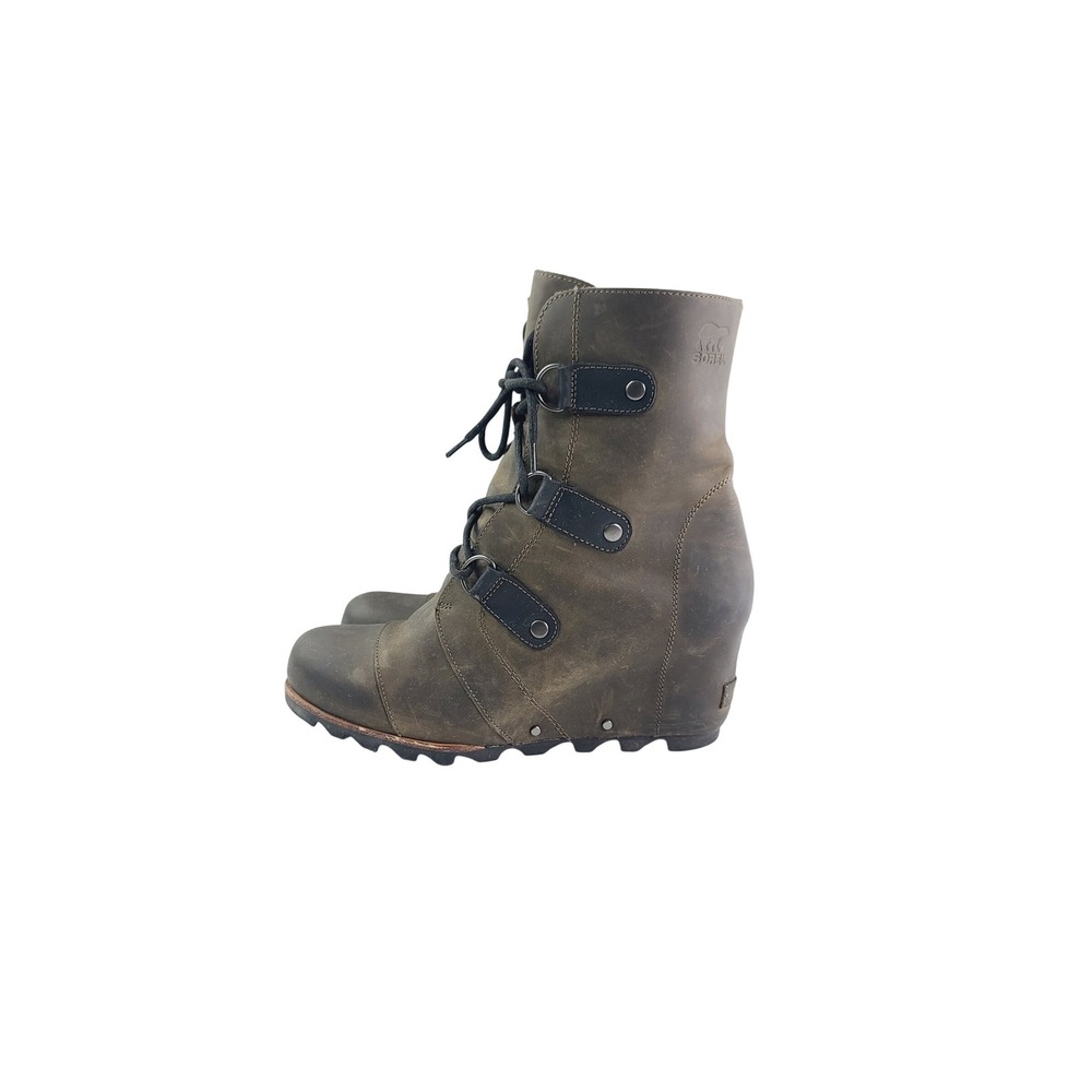 Sorel, Solid Round Toe Lace-Up Wedge Heel Boot, Women, Size 11, Brown Leather